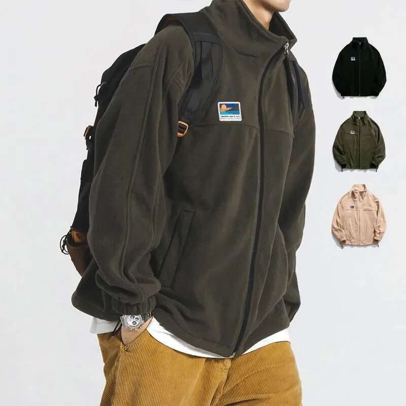 Japanese Style Lamb Wool Jacket Fleece Sweatshirt Men's Autumn/Winter Couple Stand Collar Cking Student Outerwear Casual Jack