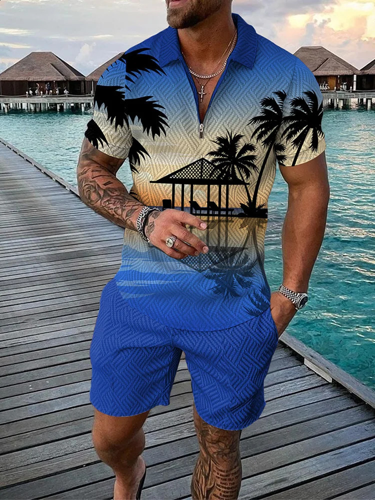 Summer Trend Mens Sweatsuit set Hawaii Beach Elements 3D Print Zipper Collar Polo Shirt And Shorts 2pcs Set Casual Man Clothing 250319