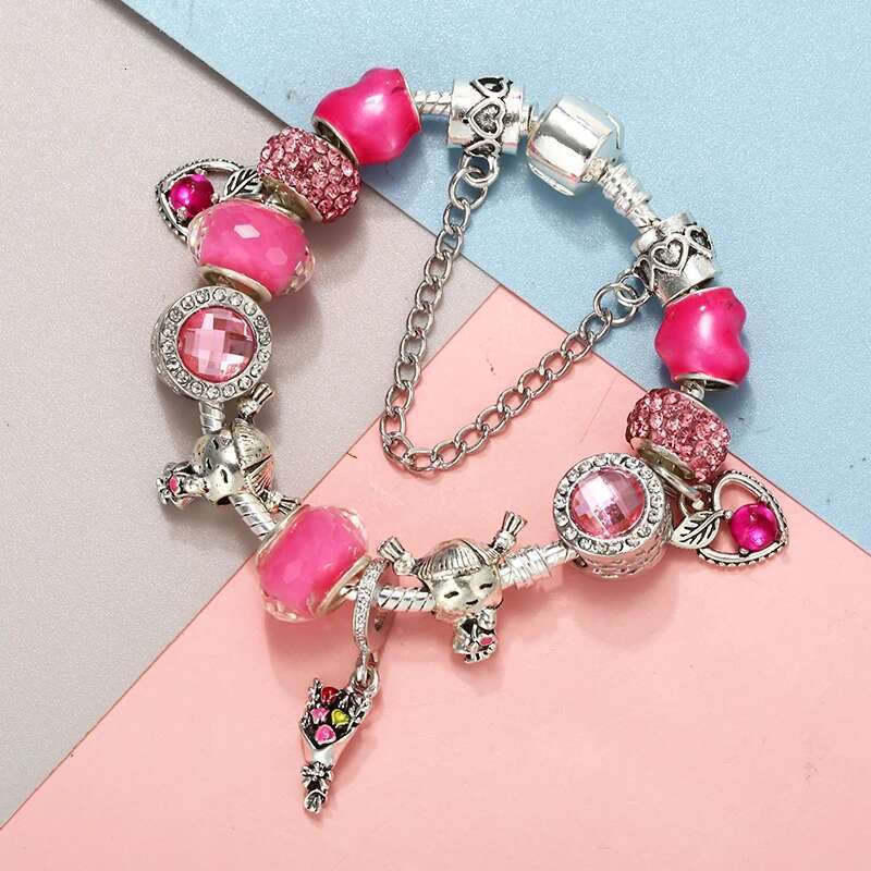 Romantic Pink Crystal Heart Bracelets With DIY Brand Bracelets Bangles For Women Men Fiancee Bijoux Pulseras Jewelry Gift