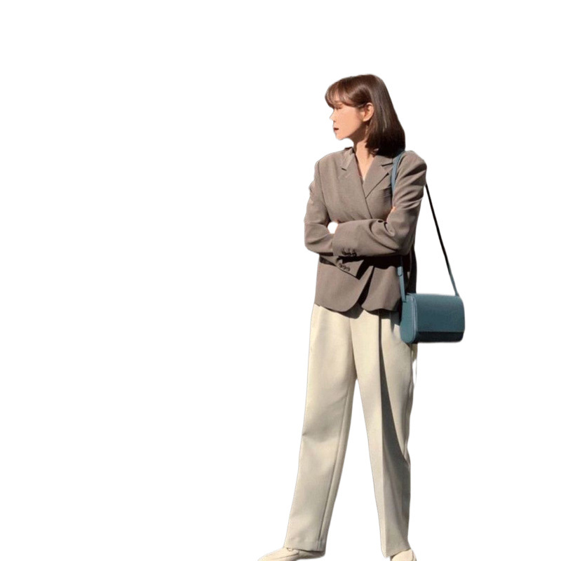 H3181Elegant British Inspired Grey Blazer Set - Perfect for Spring and Autumn Wear