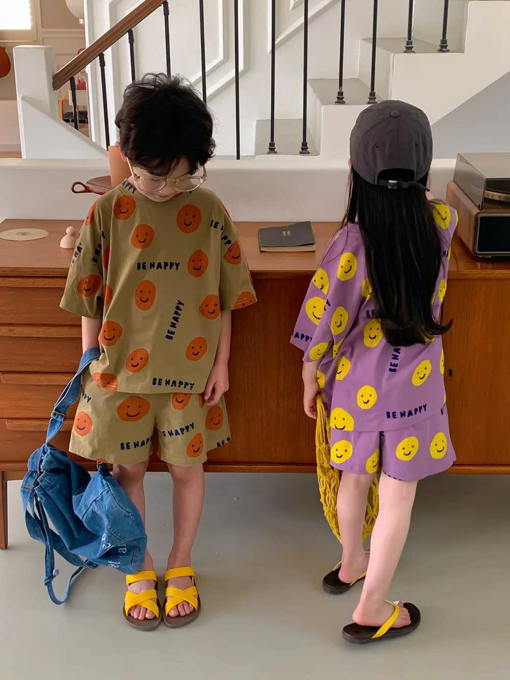 5285C Childrens Clothing Set 2023 Summer Smiling Face Print Boys Suit Short Sleeve T Shirt+Short Brother and Sister 2pc SuitT250320
