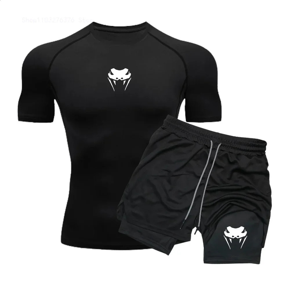 Mens Compression Clothing Sports Fitness Quick-drying Clothing Tight Short-sleeved Anime Double-layer Shorts Summer Suit S-3XL 250319