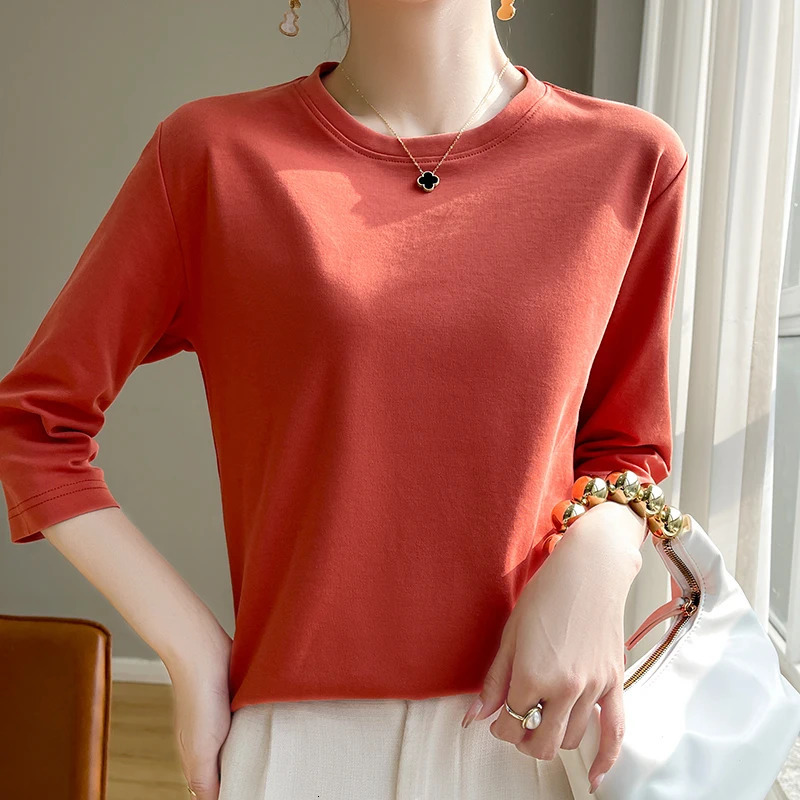 Spring And Summer White Mercerized Cotton Short Sleeve T-Shirt Feminine Joker Cotton Cropped Sleeve Bottoming Shirt 250320