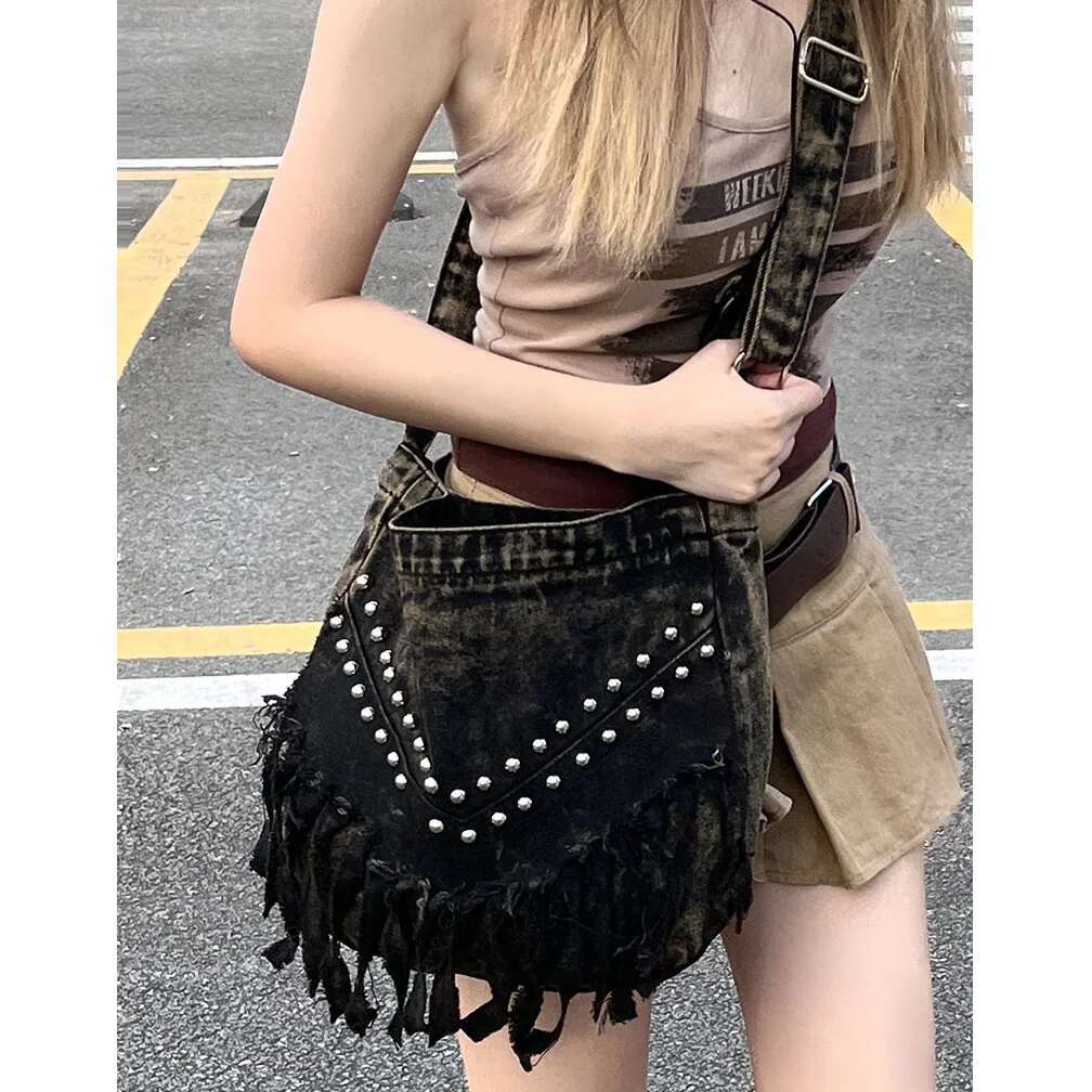 Denim Y2k Rivets Womens Shoulder Fashion Tassels Female Messenger Crossbody Bag Large Capacity Ladies Handbag Sac Totes