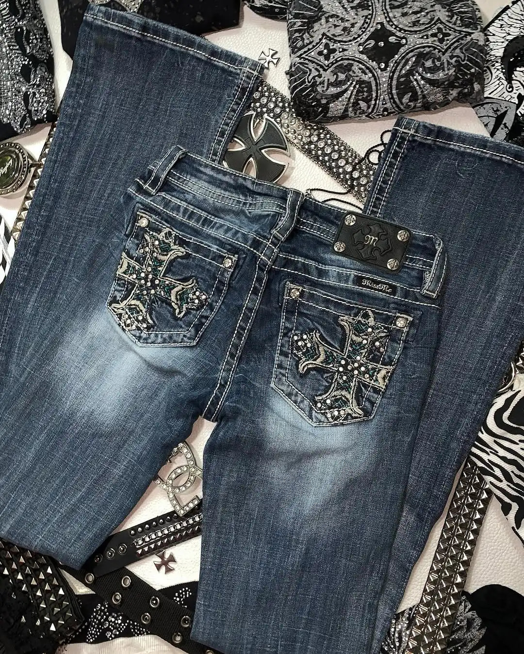 Y2k Retro Gothic High Waited Jeans Diamond Embroidery Pattern Blue Jeans Woman Hip Micro Horn Baggy Jeans Street Clothing 250319