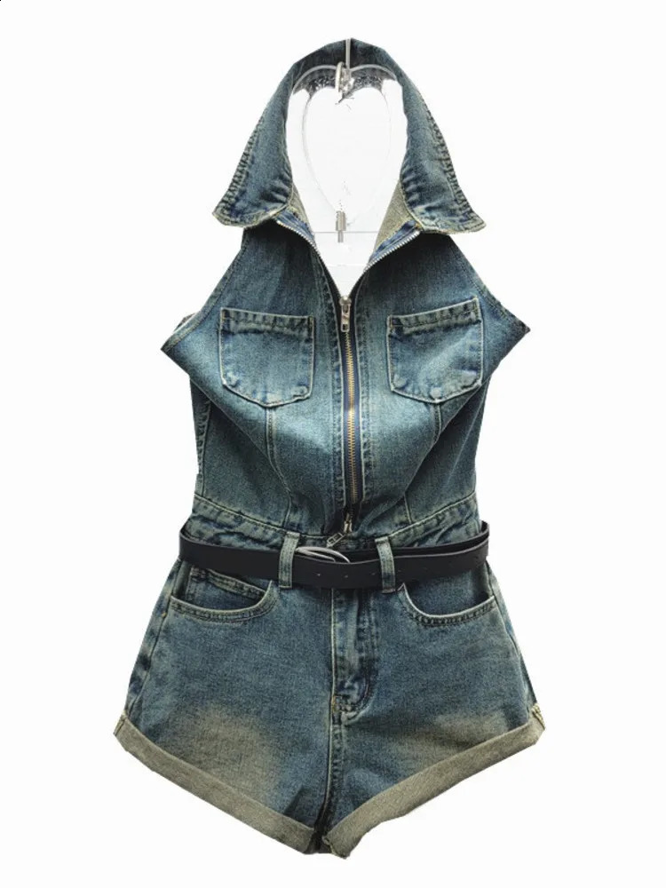 EWQ 3XL Street Fashion Zipper Pocket Vest Y2K High Waist Wide Leg Shorts Denim Sets Give Belt Women jumpsuit 2025 Summer 250319