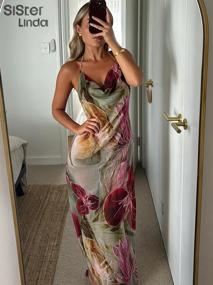 Sisterlinda Autumn Release Junior Ankle-Length Sexy High Street Dress K24D57158Girl Printing Slim Cleavage Backless Fashion Robe 250319