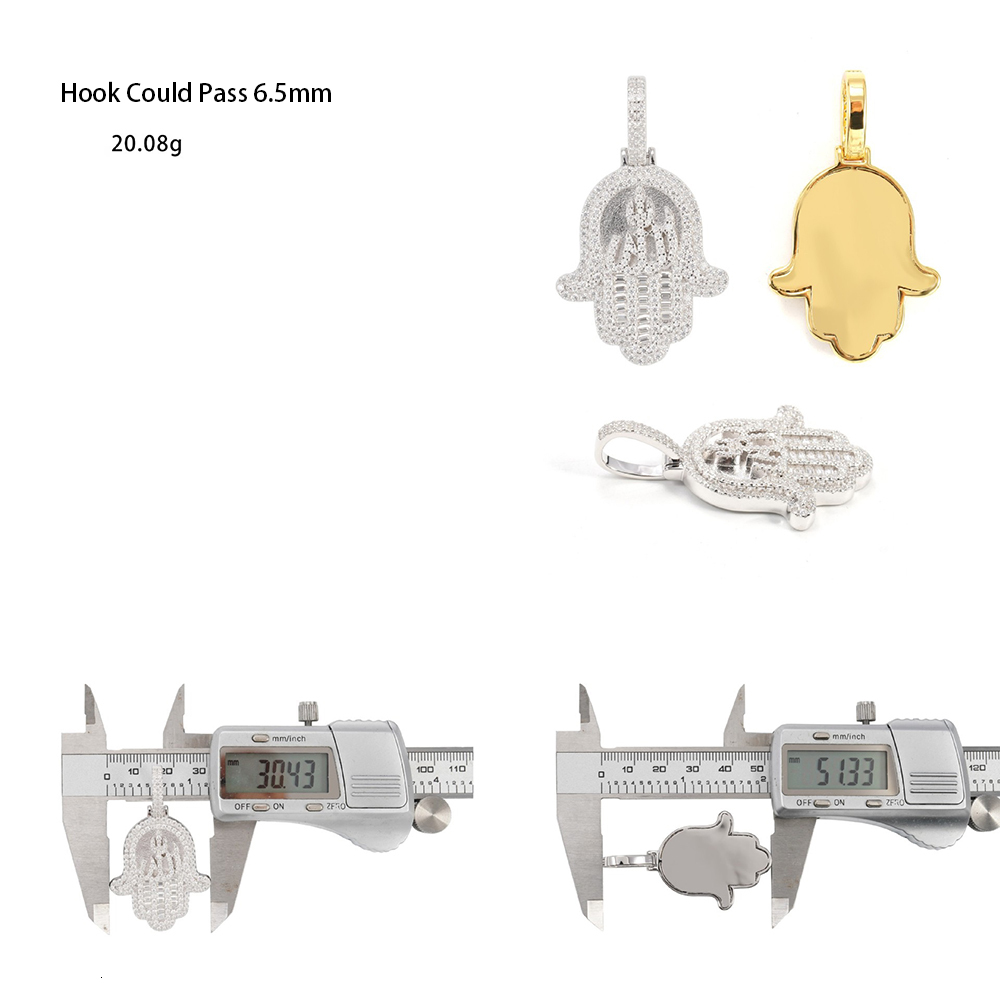 925 Silver Iced Out Baguette Moissanite Hamsa Hand Pendant Hip Hop Simulated Diamond Fatima Pendant with Allah Sign 14k Gold