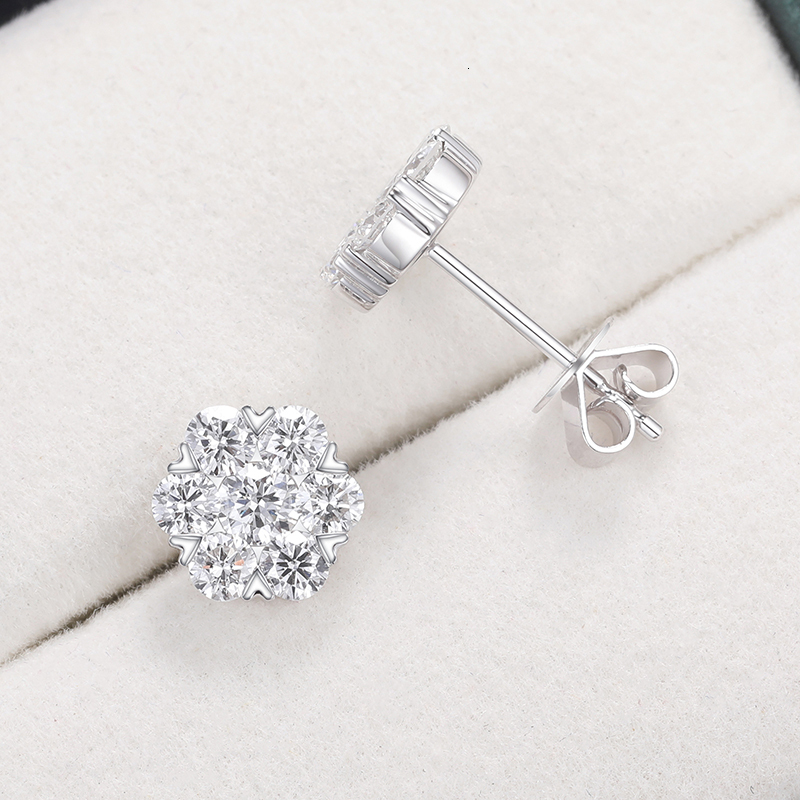 14K White Gold Stud Earrings For Women Men Honeycomb Flower Lab Grown Diamond Round Ear Studs Fine Wedding Birthday Jewelry Gift