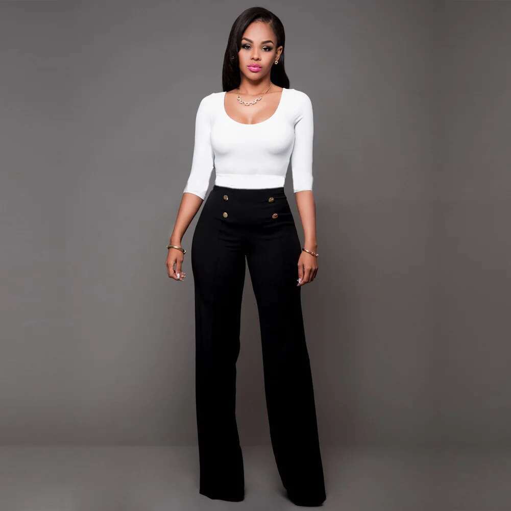 Office Lady Solid Basic Baggy Pant Fashion Women High Elastic Waist Button New Wide Leg Pants Casual Communte Beauty Trousers