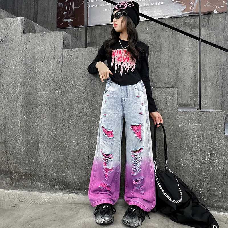 2024 Teen Girls Hole Wide Leg Pants Fashion Loose Street Gradient Color Jeans Childrens Clothing 4-14Y School Children TrouserT250326