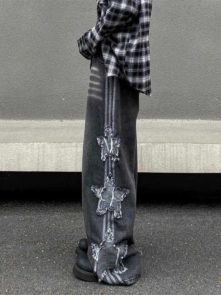 2024 Clothing Y2K Streetwear Star Patch Embroidery Baggy Stacked Jeans Pants For Men Clothes Wide Leg Old Straight Denim TrousersT250319