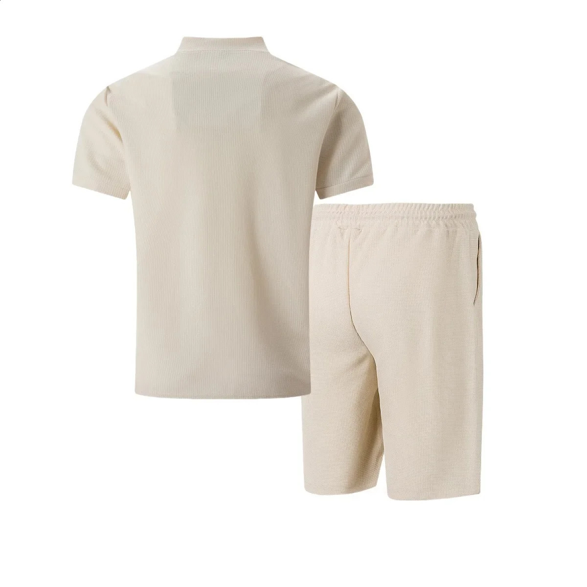 Summer Europe and the United States Mens Casual Waffle Solid Color Stand Collar Short Sleeve Shorts Two Sets 250319