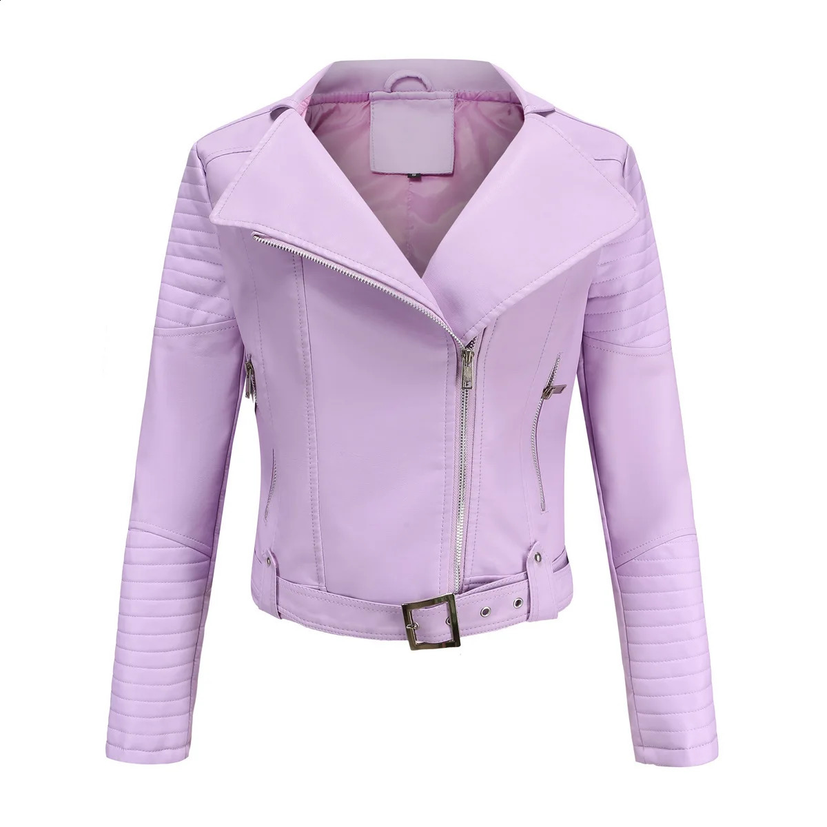 Womens motorcycle leather jacket long sleeved zipper lapel tie waist belt short outfit highquality autumn and winter outerwear 250319