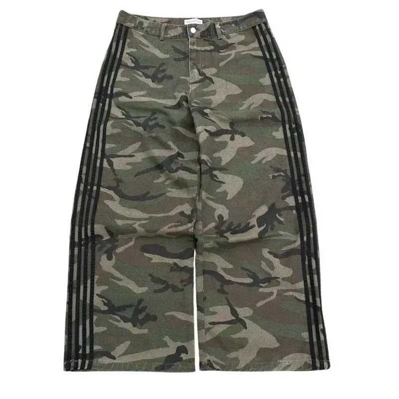 American fashion Gothic striped camouflage jeans mens Y2K street loose Harajuku fashion casual high waisted wide leg pantsT250319