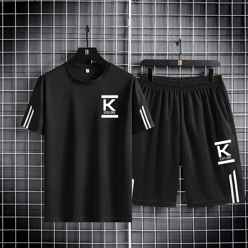 Trendy and fashionable mens sports suit short sleeved quick drying ice silk three bar mesh breathable running two-piece set 250320
