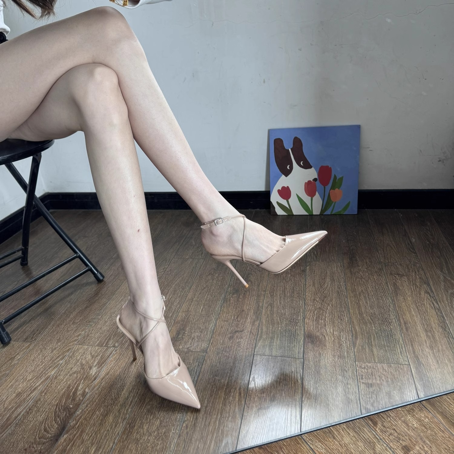 Dress Shoes Moraima Snc Nude Patent Leather High Heel Sexy Pointed Toe Ankle Strap Stiletto Pump Black White Red 230823