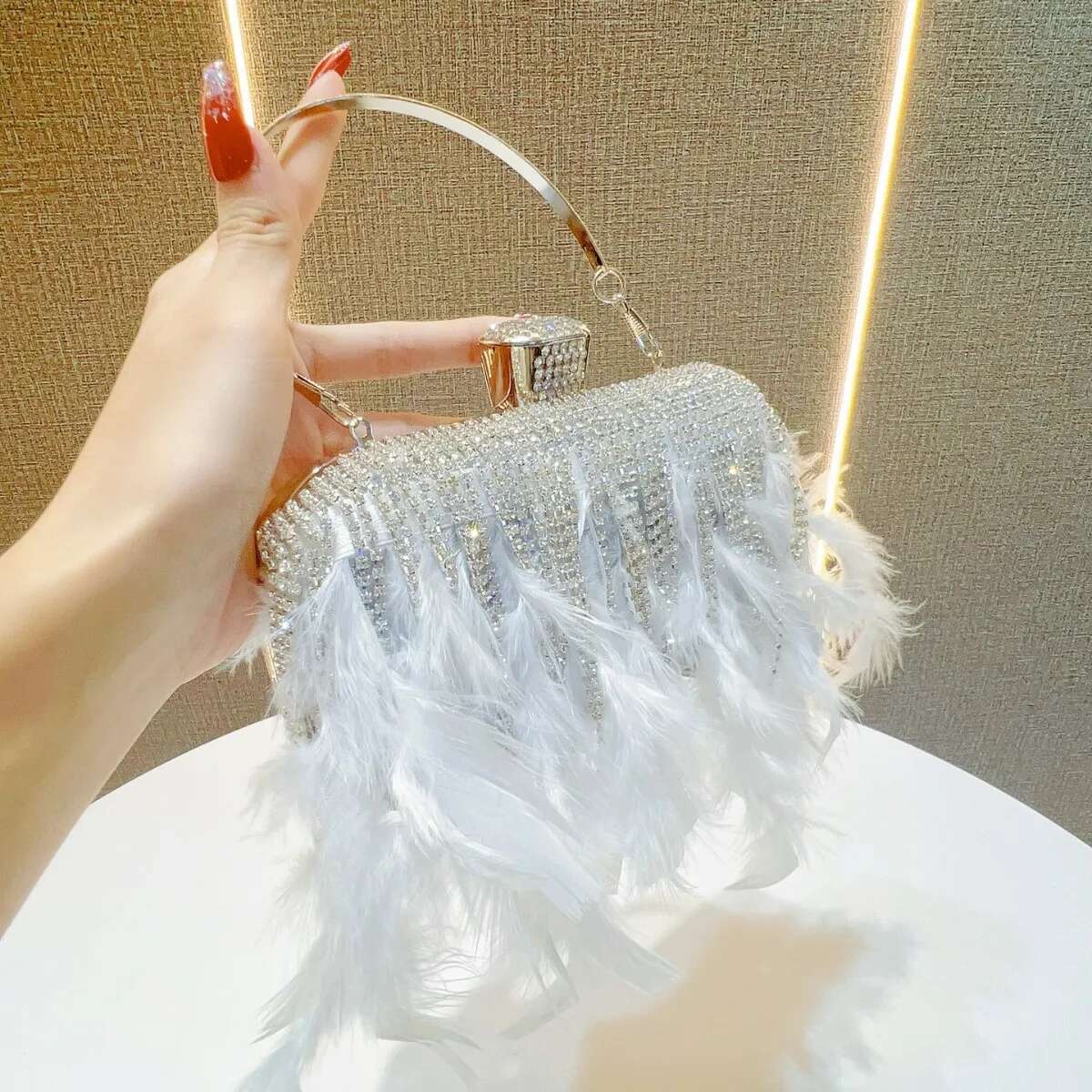 Ostrich Hair Veet Crystal Rhie Dia Evening Women Handbag Wedding Party Clutch Purse Crossbody Bag Ins