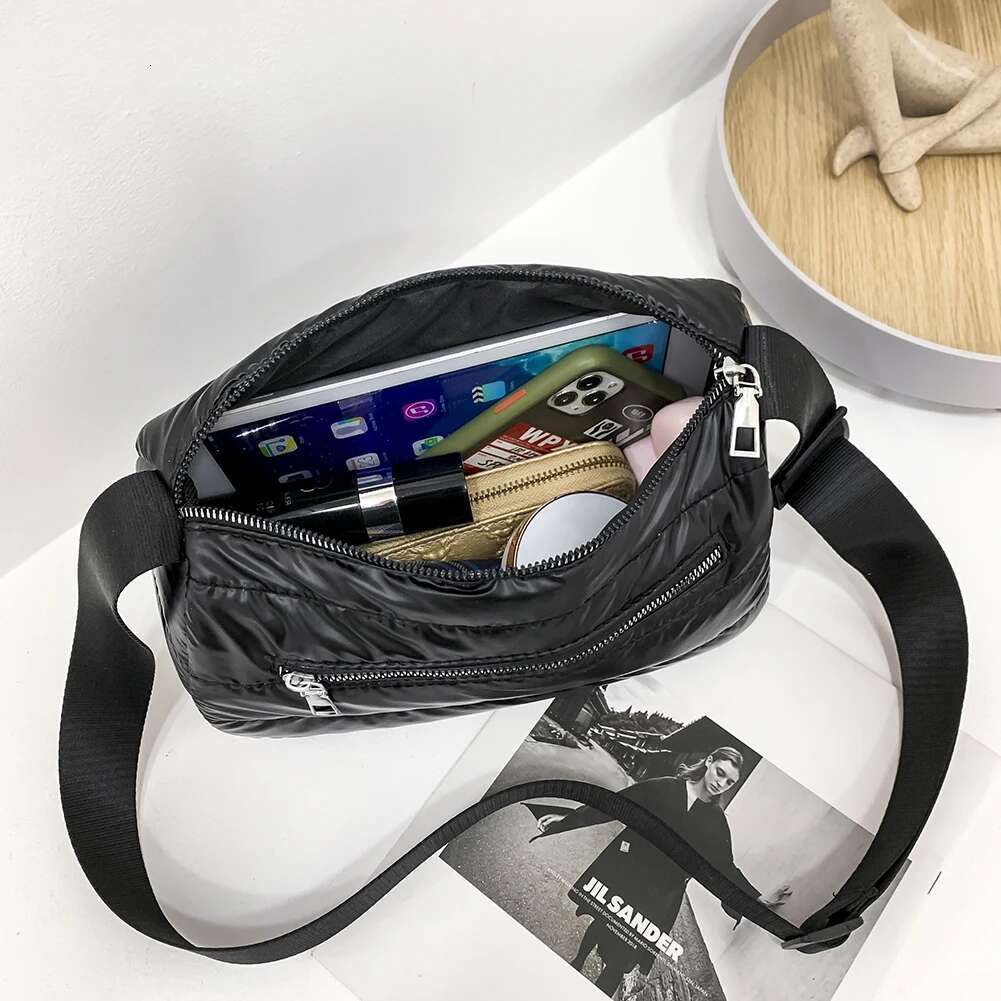 Fashion Nylon Padded Quilted Bag For Women Winter Space Cotton Shoulder Bag Soft Fluffy Black Crossbody Handbag Female Shopper