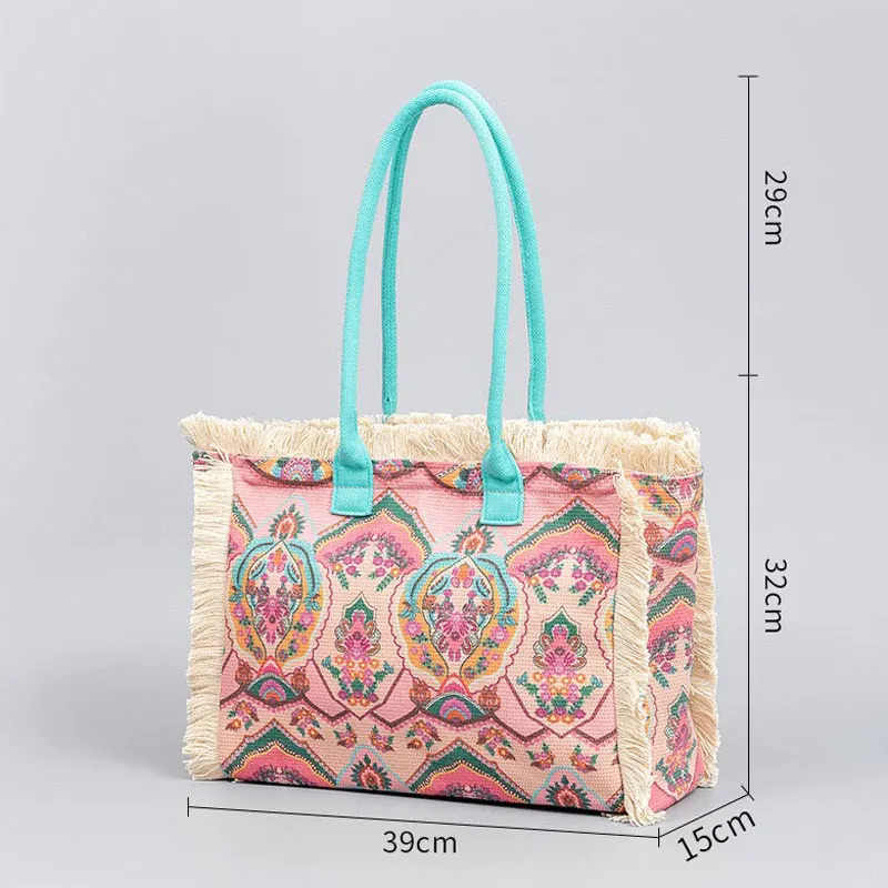Bohemian Vintage Tote Bag European and American Fashion Canvas Shoulder Bag Large Capacity Zippered Handbag R250320