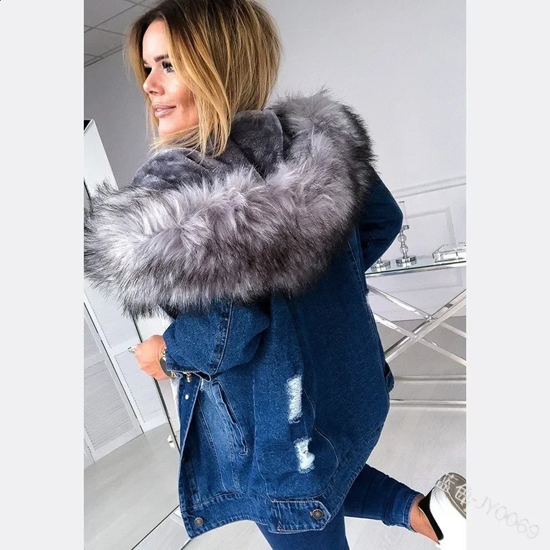 Thick cotton lined coat denim winter trend cashmere fur collar womens warm jacket 250319