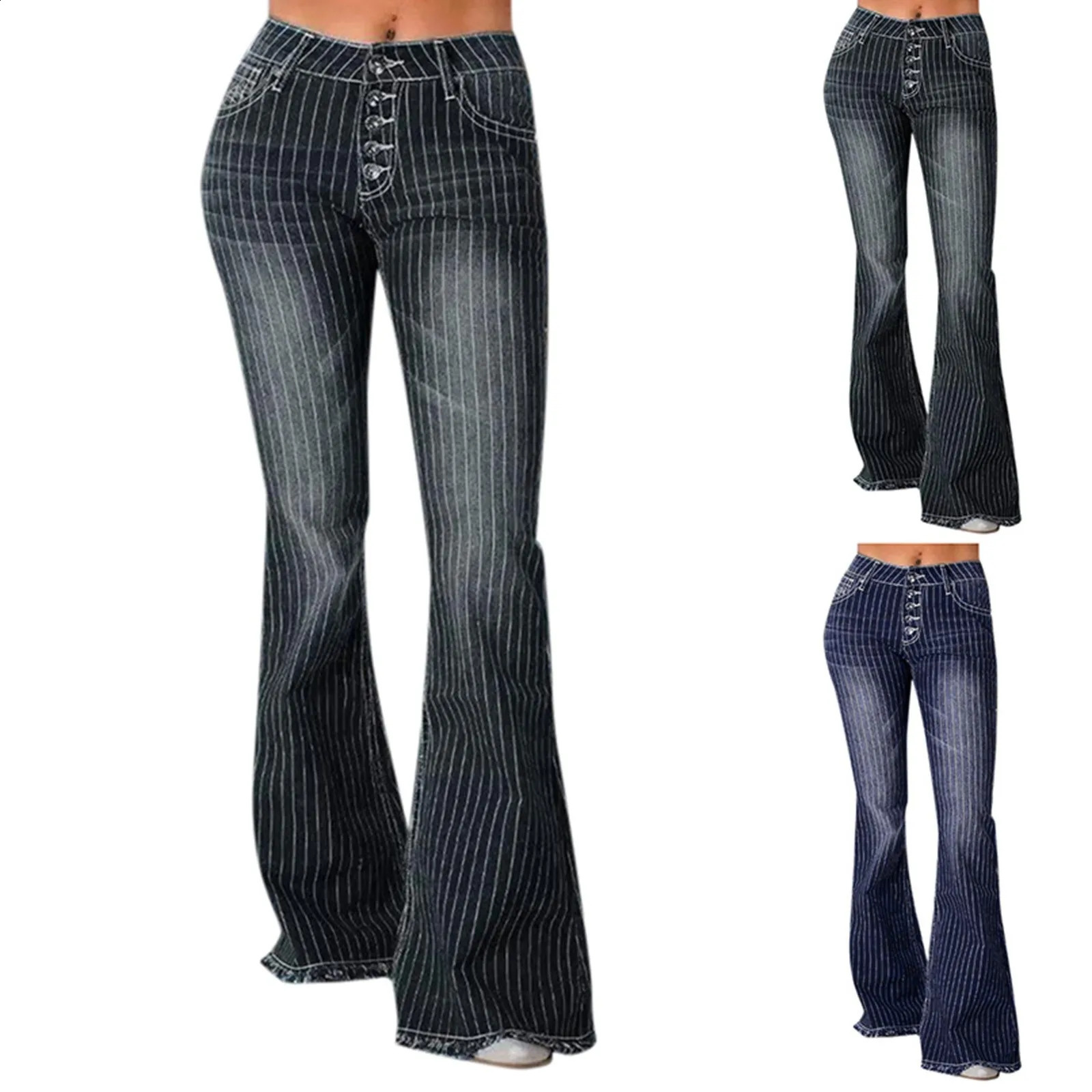 Striped Thin Edge Flared Jeans Women Fashionable Casual Mid Rise Buttoned Street Vintage Jeans Wrap Hips Bell Bottom Jeans 250319