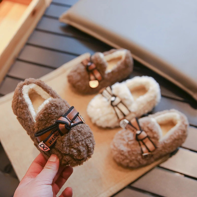 Children Winter Loafers Bowtie Fleece Leisure Slip-on Kids Flat Shoes Warm Round Toe Fashion Three Colors Girls Shoe 21-36 250319