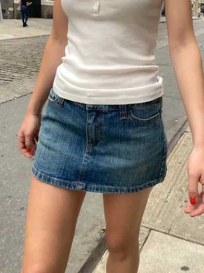 American retro denim mini skirt womens summer fashion high waist short shoulder strap Faldas casual streetwear cotton skirtXJ250320