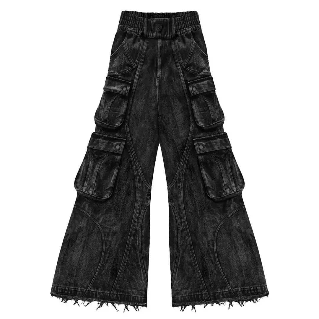 American retro gothic black Y2K washed multi pocket patchwork original edge jeans mens loose street trend hip-hop rap wide leg pantsT250319
