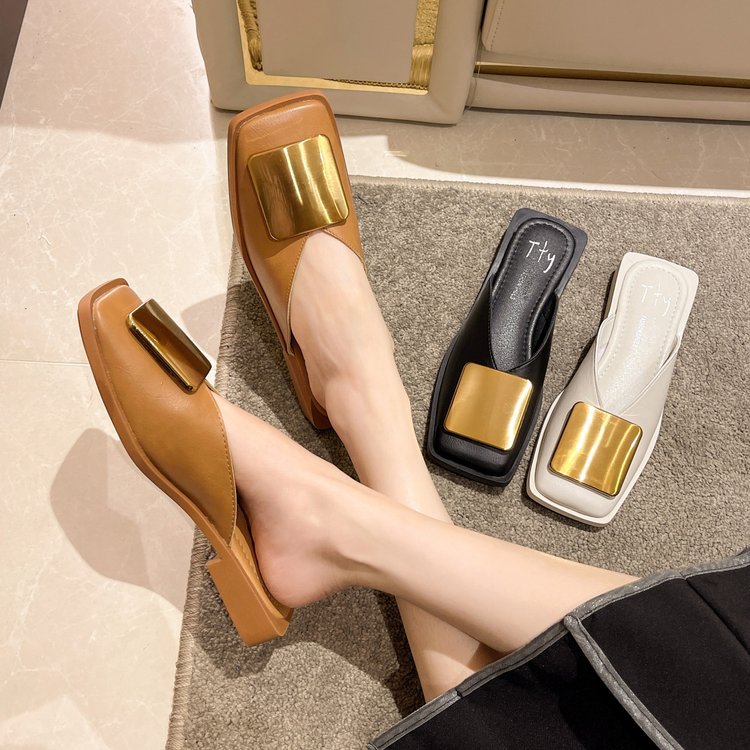 Fashion metal patent leather slip-on peep-toe half-slipper for women new style for summer versatile thick high heels cool slippers for women