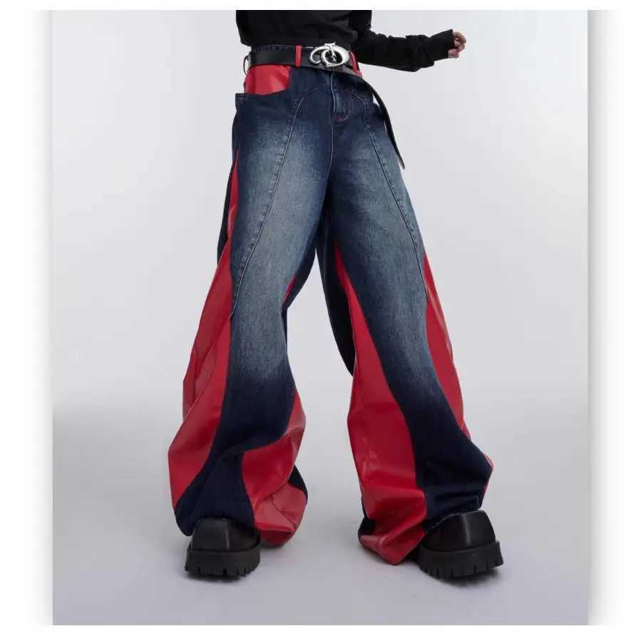 Y2k mens retro washed and spliced jeans new hip-hop punk PU leather pocket jeans casual black denim Trousers streetwearT250319
