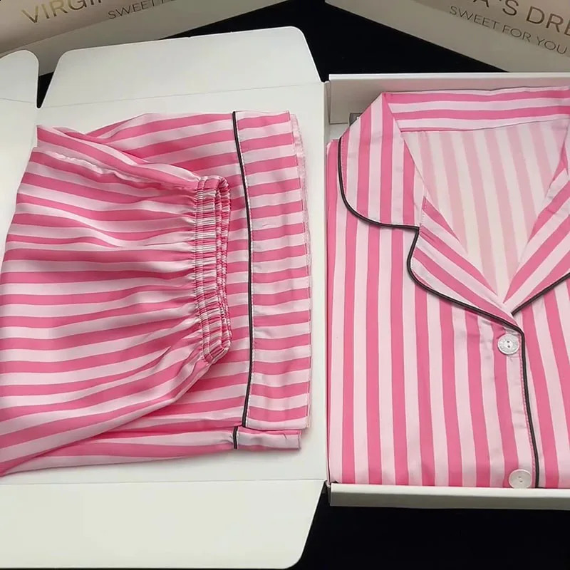 Large Size Women Pajamas Set Short-Sleeved Student Homewear Two-Piece Cardigan Lapel Senior Sense of Striped Short-Sleeved Short 250319