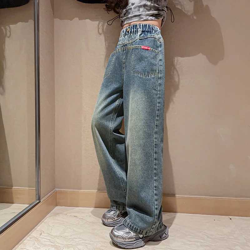 Girls wide leg jeans spring new childrens straight denim pants loose buttonsT250326