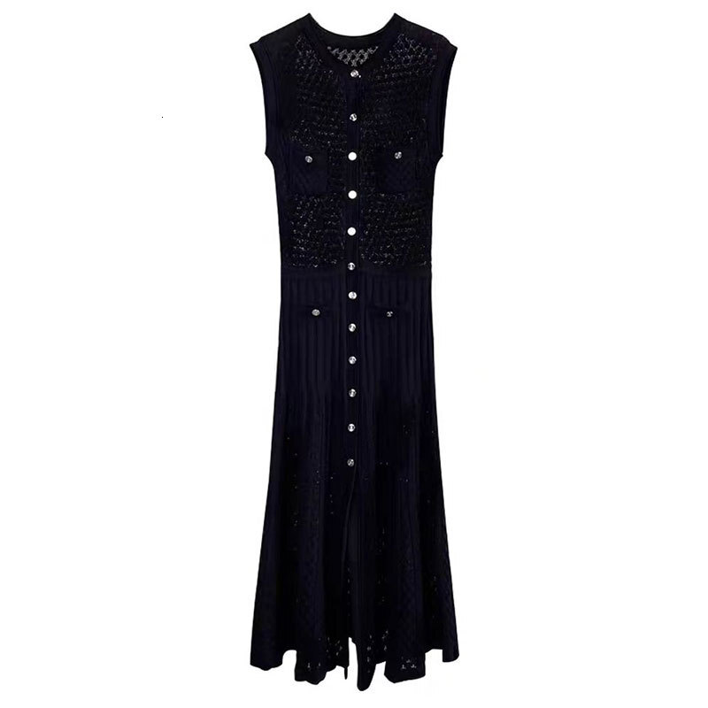 Women's Tanks & Camis s Home Light Luxury Knee Covering Flesh Hollow Sleeveless Knitted Dress for Women, Large Swinging, Slimming Showing Off, El