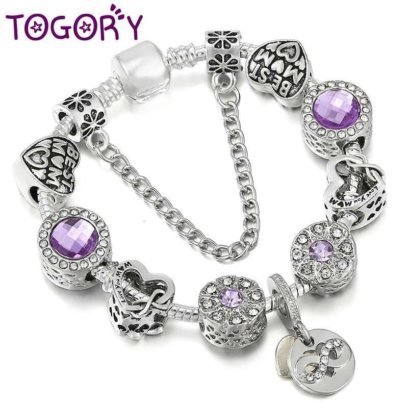 Tibetan Silver Color Gigantic Beads Bracelet Purple Crystal Charm Bracelet & Bangle For Women Mom Pulseras Jewelry Dropshipping