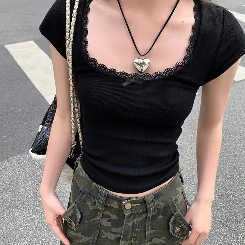 Y2k Lace Patchwork Crop T-shirt Women Vintage Streetwear Sexy Slim U Neck Tops Female Harajuku Korean Bow Chic Bottoming Tees 250320