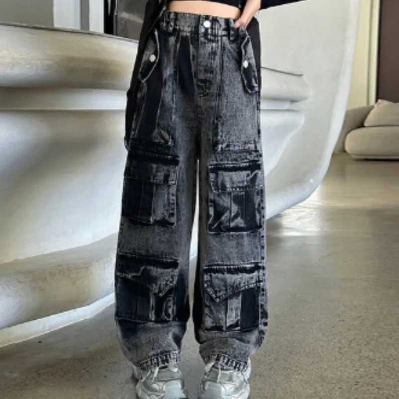 Spring. Autumn childrens retro American black and gray gradient cargo pants suitable for girls loose denim jeans with large pocketsT250326