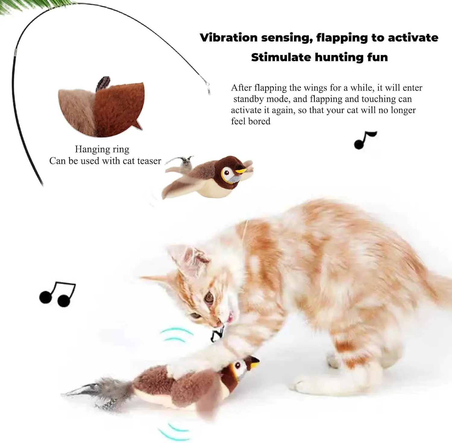 Interactive cat toys rechargeable bow shaped folding birds for indoor cats to bite plush activated by touch 250320