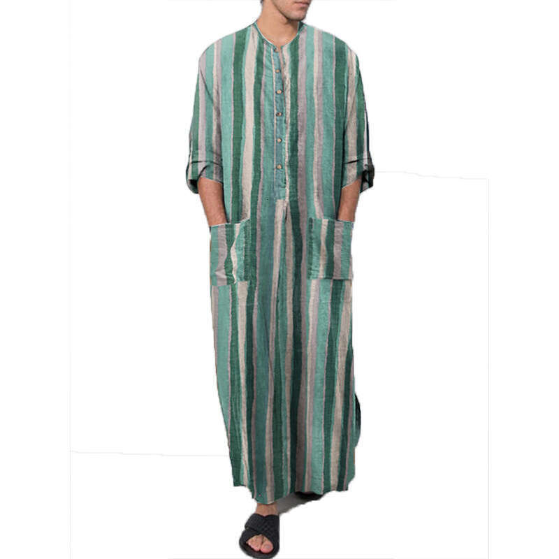New Spring/Summer Clothing Long Sleeved Jumpsuit Arabic Striped Printed Muslim Men's Robe