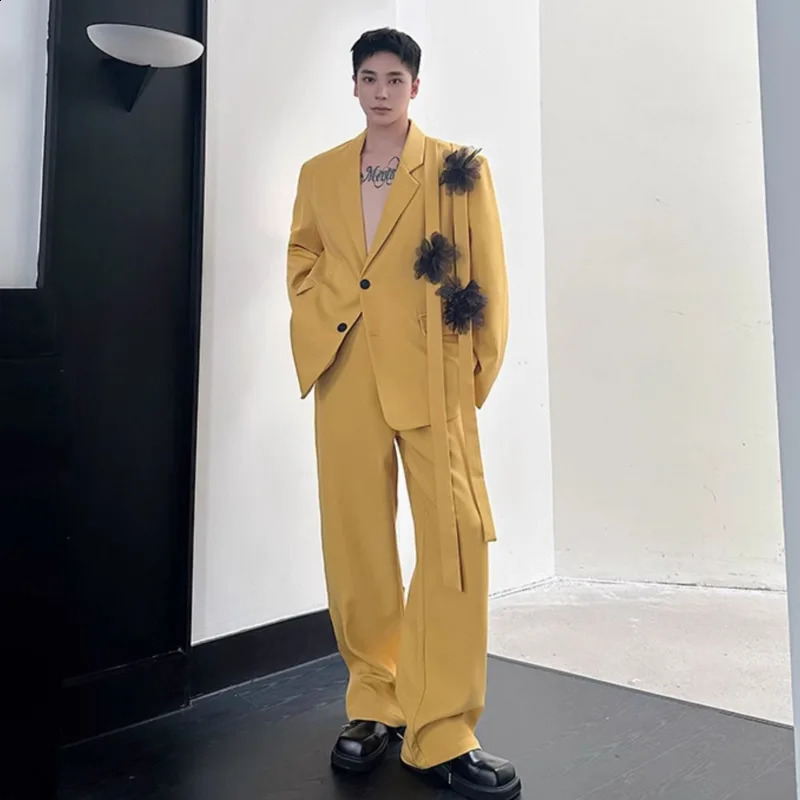 IEFB Niche Mens Two-piece Ribbon Mesh Floral Single Breasted Blazer Contrast Color Straight Wide Leg Suit Pants 9C8190 250314