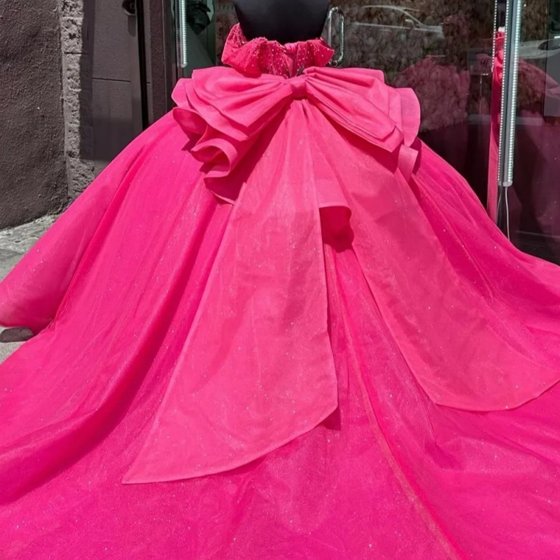 Rose Red Shiny Princess Ball Gown Quinceanera Dresses Off The Shoulder Crystals Beading Bow Tull Sweet 16 Dress vestidos de 15 anos