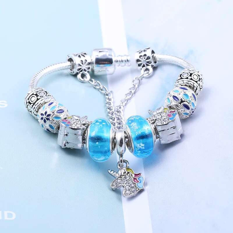 2024 New Cute Blue Crystal Unicorn Charm Bracelet Silver Color Luminous Beads Bracelets for Women Girl Fashion Jewelry Gift