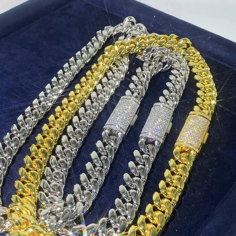 Custom12-14mm Stainless Steel Men Moissanite Cuban Necklace 925 Silver Buckle Miami Iced Lab Diamond Link Chain Necklaces