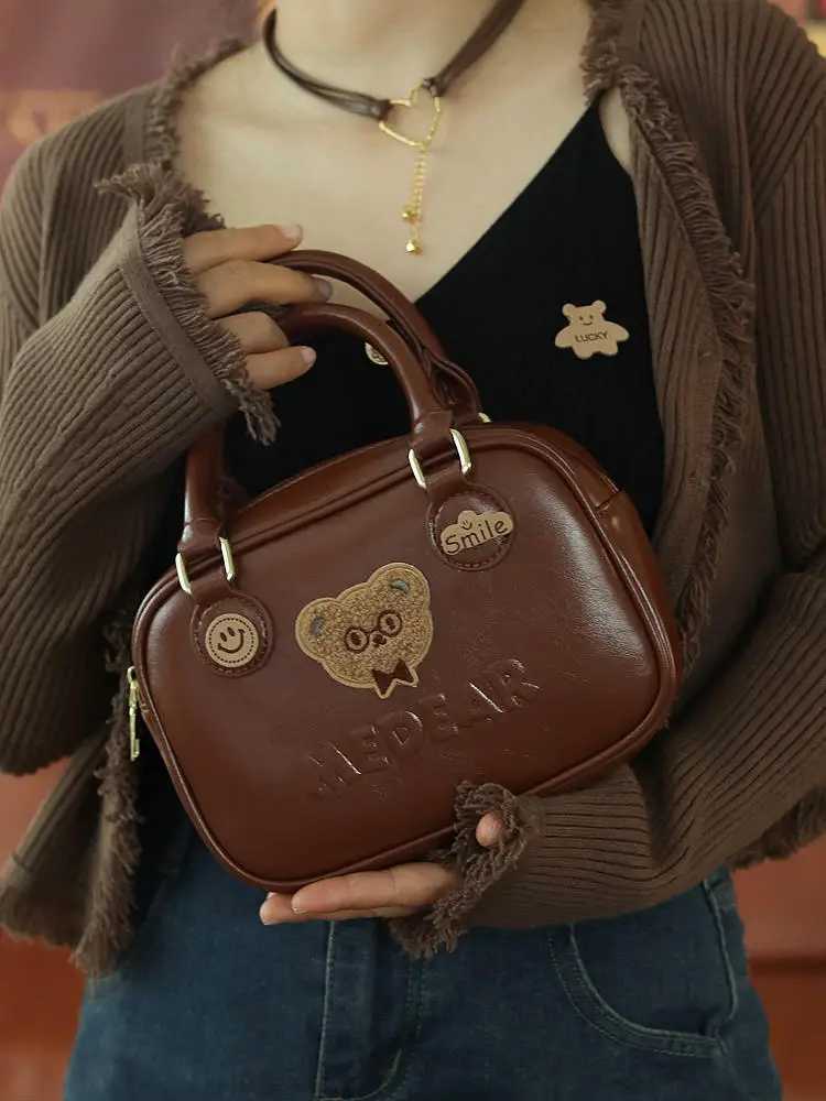 JIAERDI Harajuku Brown Messenger Bag Womens Retro Bear Embroidered Handle Cross Body Bag Womens Retro Cute Handbag Fashion Y250319
