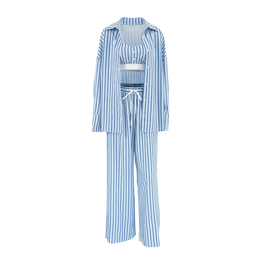 2025 Spring New Stripe Printed Pajama 3-Piece Set, Tank Top, Long Sleeve Pants, Women's Home Clothes