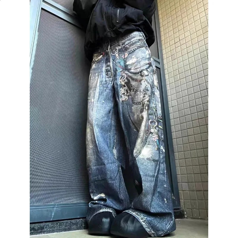 American Vibe Large Size Heavy Industry Chain Printed Jeans for Women Street Hip-Hop Straight Loose Slimming Wide Legs pants 250319