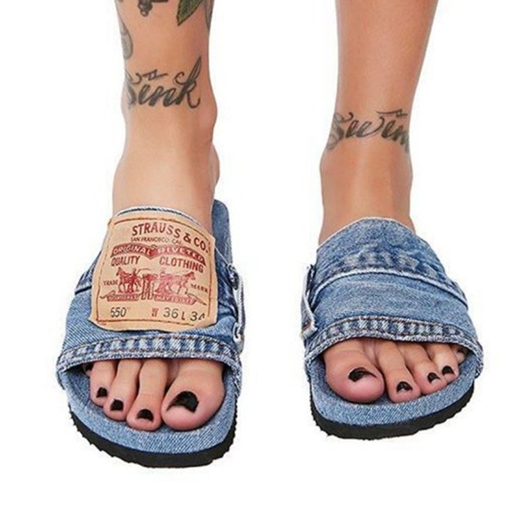 New 2025 women's sandal pure color leisure denim peep-toe flat low-top slippers for beach