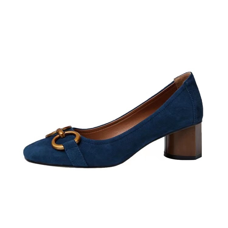 Women's blue square-toe shallow-mouth single shoes new style for spring Women's French high heels with frosted metal thick heels