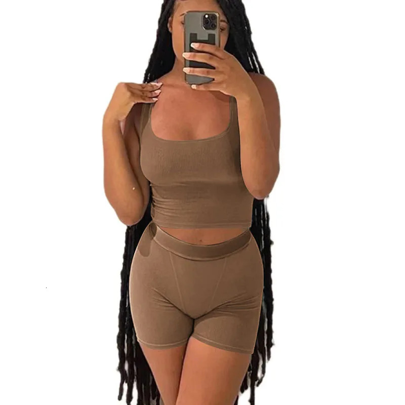 Casual Workout Sets 2 Piece Outfits for Women Ribbed Crop Tank Top High Waist Yoga Shorts Lounge Wear Tracksuit 250320