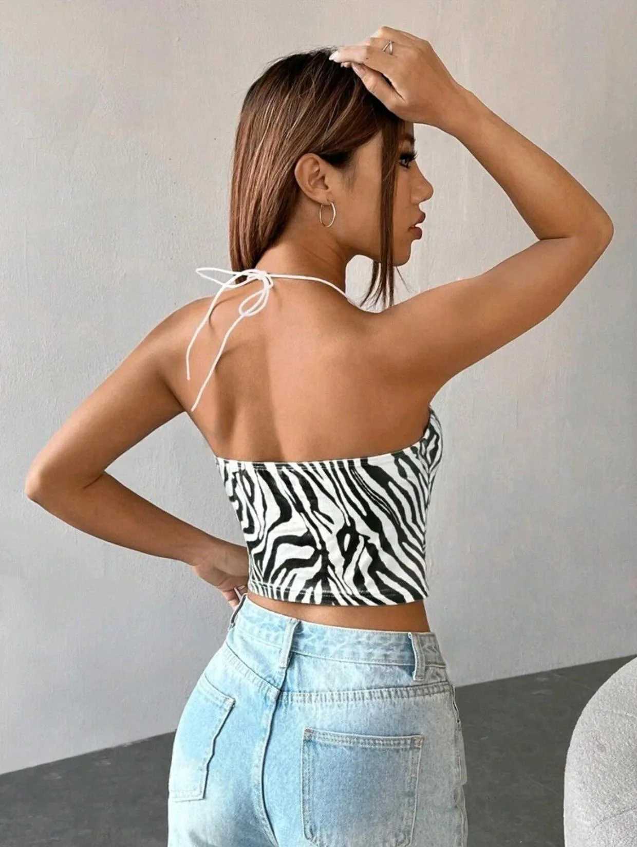 2024 Summer New Zebra Stripe Printed Strap Short Pendant Tank TopXJ250319